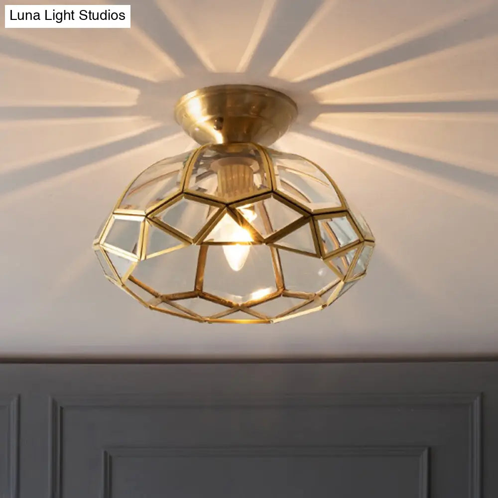 Brass Bowl Shaped Ceiling Fixture With Clear Glass Semi Mount Lighting