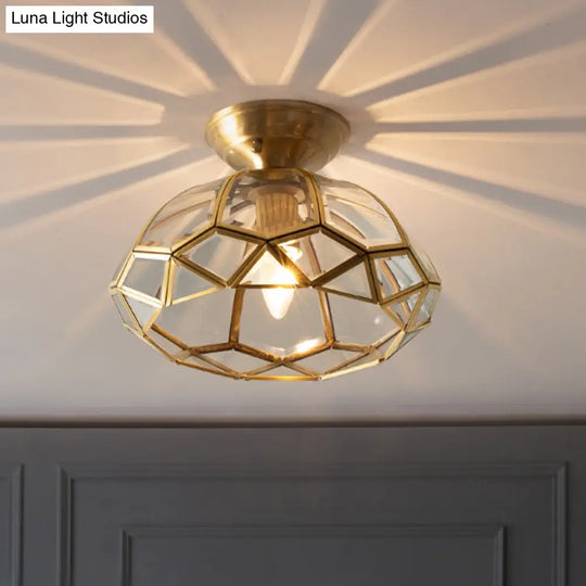 Brass Bowl Shaped Ceiling Fixture With Clear Glass Semi Mount Lighting