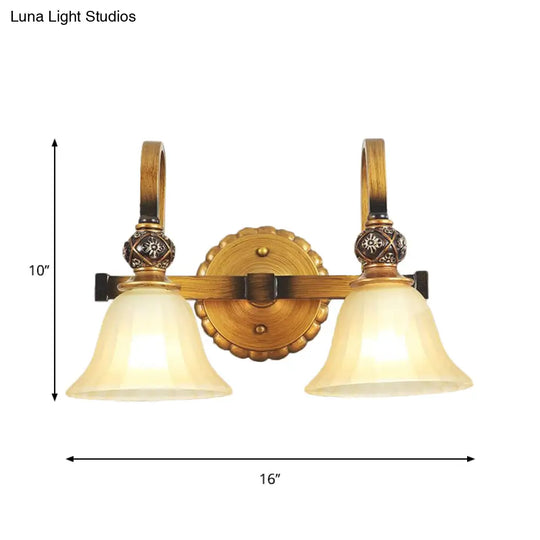 Brass Carillon Wall Lamp: Frosted Glass 2-Head Sconce Traditional Corridor Light