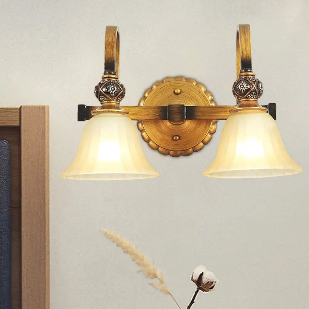 Brass Carillon Wall Lamp: Frosted Glass 2-Head Sconce Traditional Corridor Light