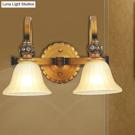 Brass Carillon Wall Lamp: Frosted Glass 2-Head Sconce Traditional Corridor Light