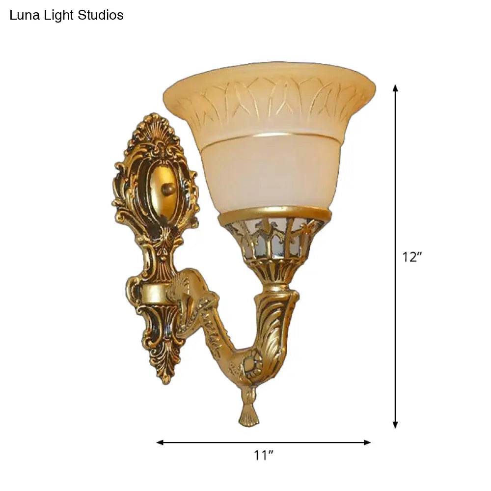 Brass Carved Arm Wall Sconce Lighting With Frosted Glass - Traditional Bell Design