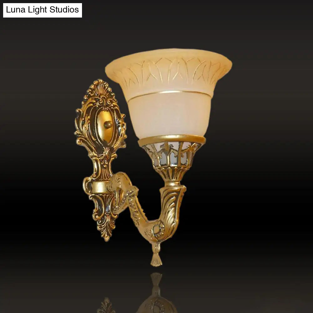 Brass Carved Arm Wall Sconce Lighting With Frosted Glass - Traditional Bell Design