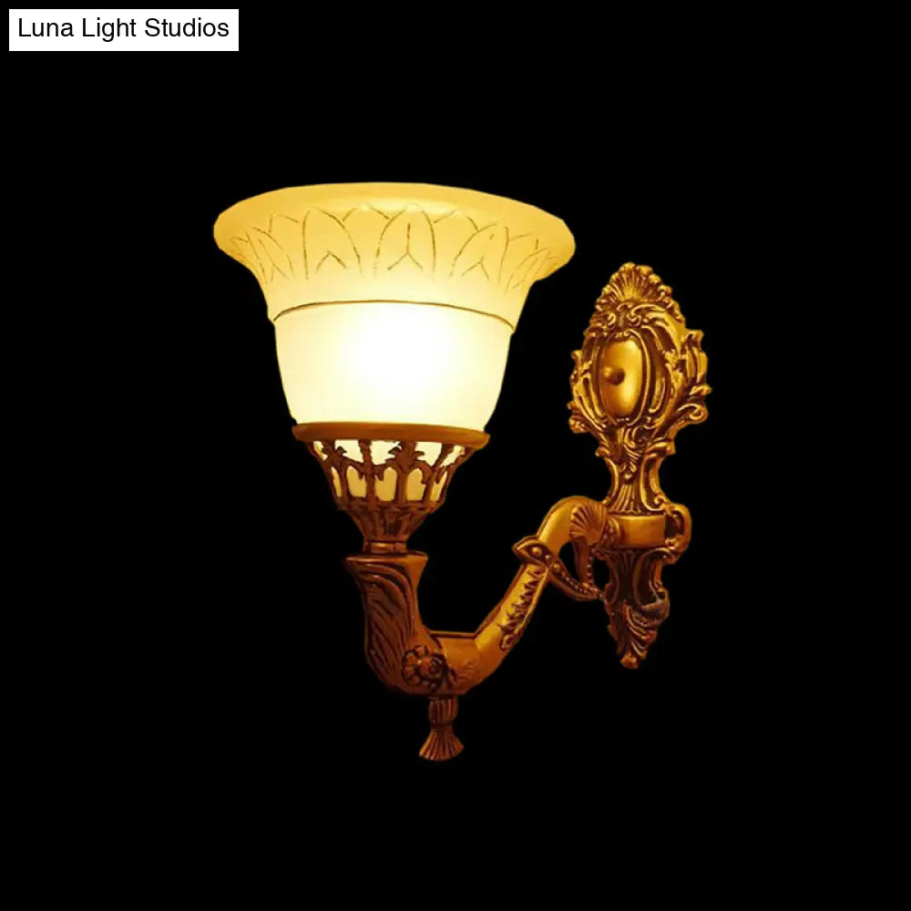 Brass Carved Arm Wall Sconce Lighting With Frosted Glass - Traditional Bell Design