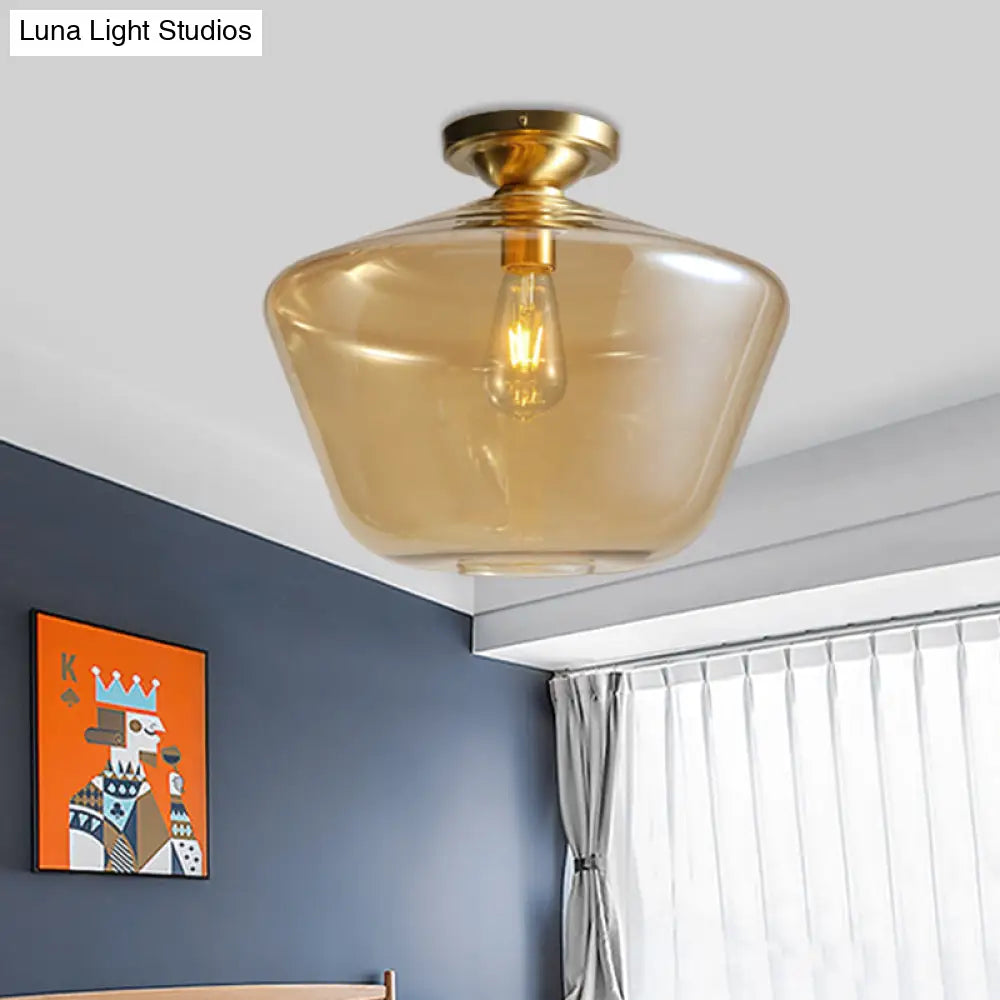 Brass Ceiling Lamp - Diamond Shaped Flush Mount Mid Century Cognac Glass Single 9/15 Wide