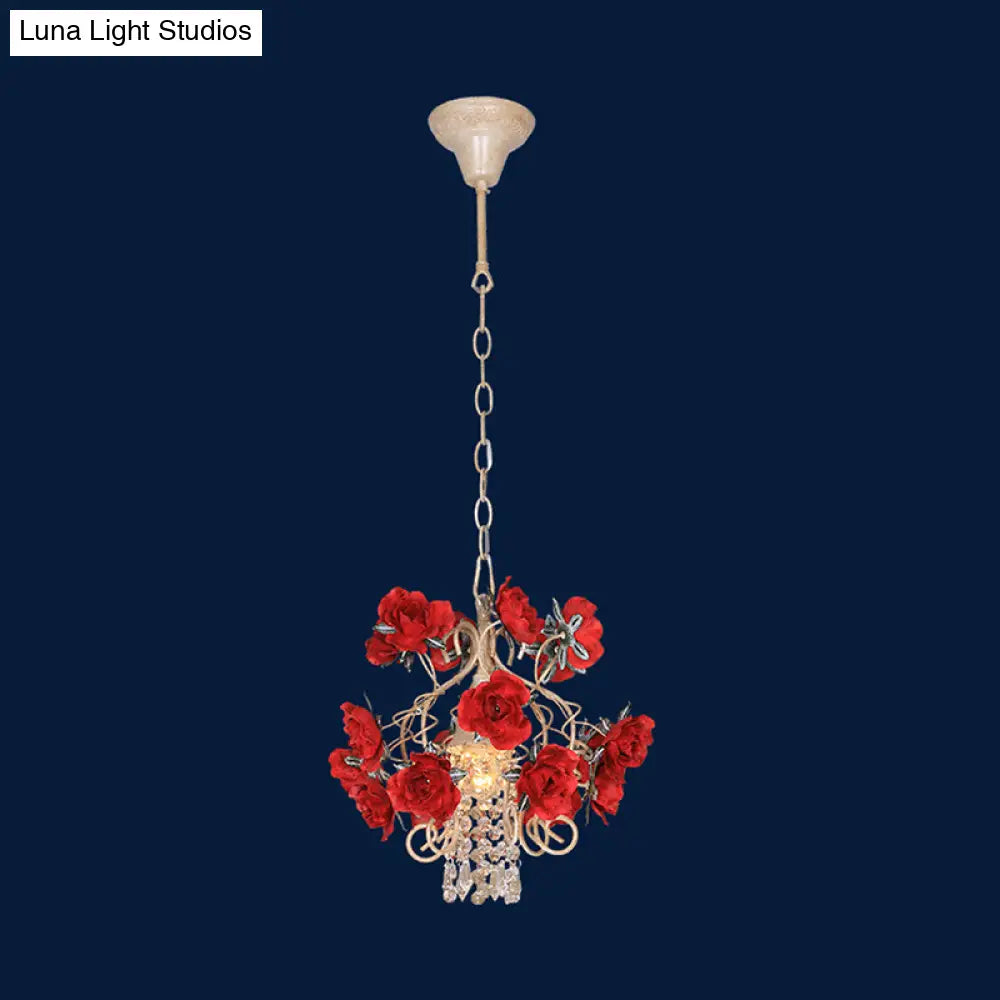 Brass Ceiling Light With Crystal Raindrop Pendant And Flower Decor - Antique Style