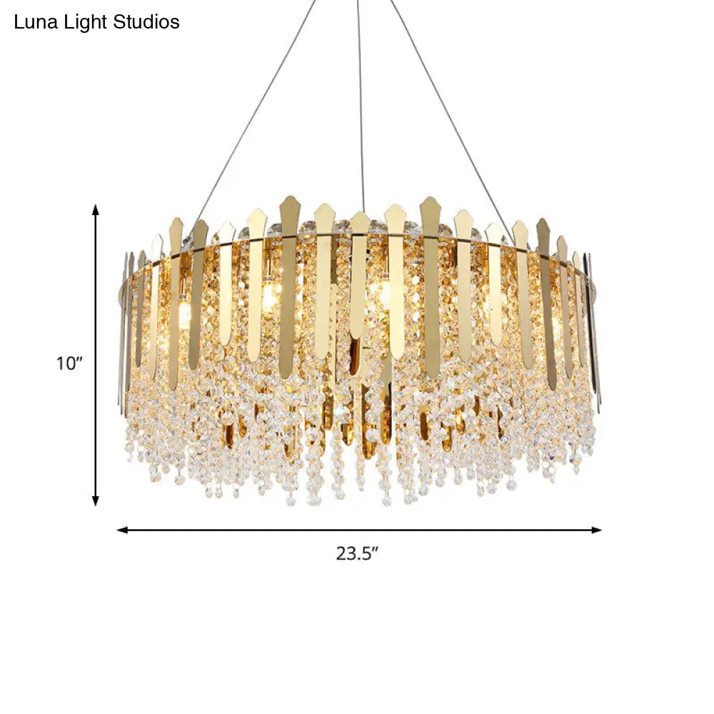 Brass Chandelier With Drum Crystal Shade & 6 Hanging Lights For Living Room