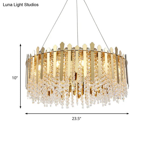 Brass Chandelier With Drum Crystal Shade & 6 Hanging Lights For Living Room