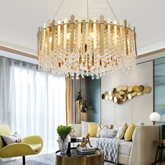 Brass Chandelier Light - 6-Light Living Room Hanging Kit With Drum Crystal Strand Shade