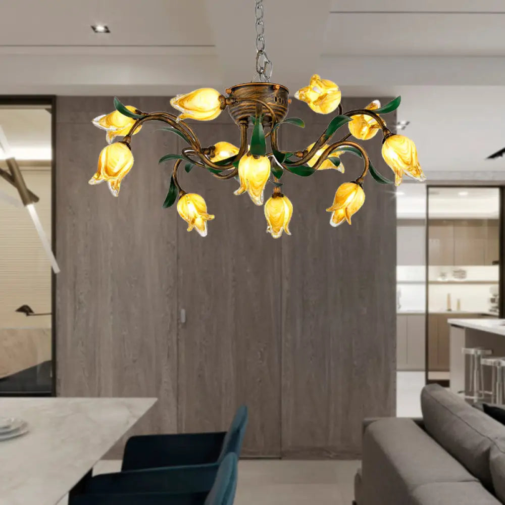 Brass Chandelier Light Fixture - 12-Bulb Korean Garden Led Drop Pendant For Dining Room