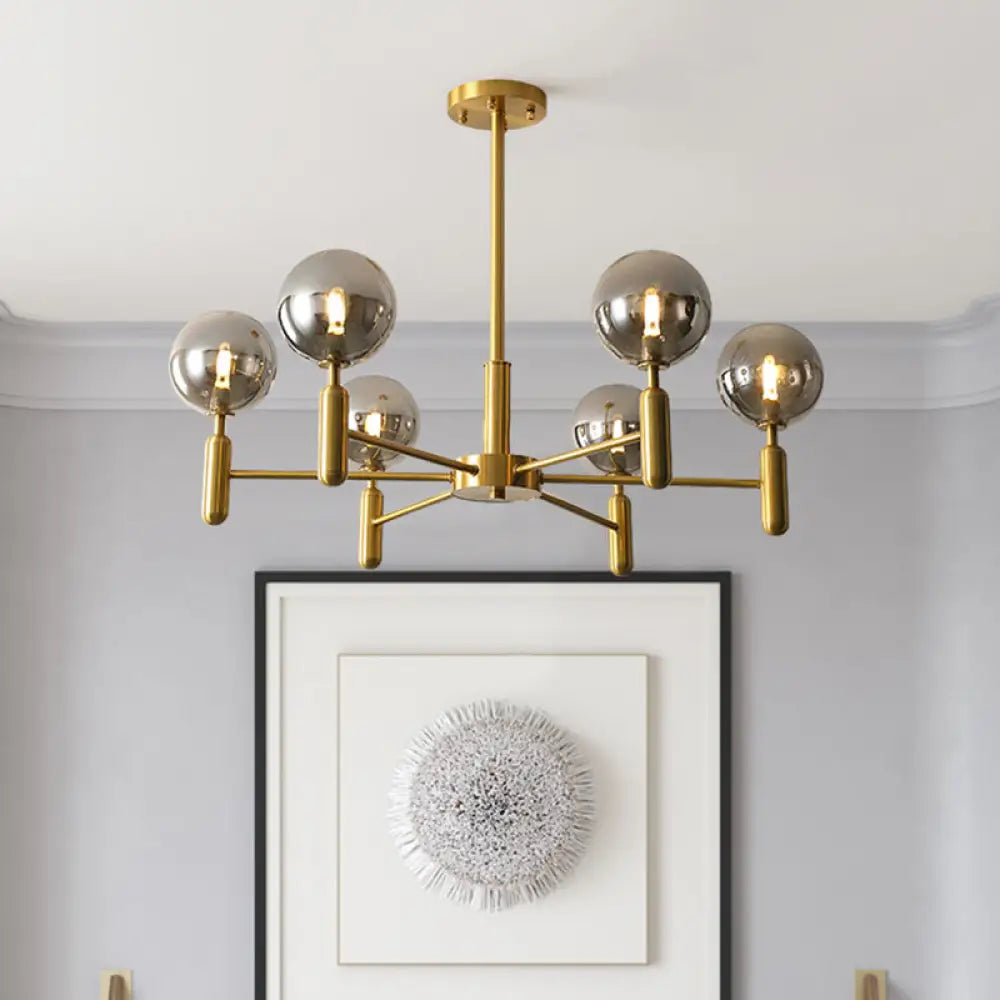 Brass Chandelier With Ball Glass Shade - Stylish Living Room Ceiling Pendant Light 6 / Smoke Gray