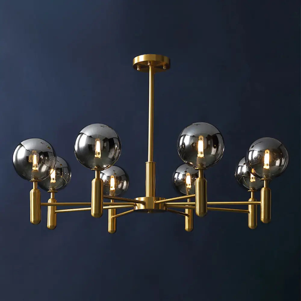 Brass Chandelier With Ball Glass Shade - Stylish Living Room Ceiling Pendant Light 8 / Smoke Gray