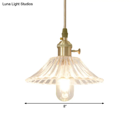 Brass Clear Fluted Glass Pendant Lamp Kit With Rustic Wide Cone Hang Light