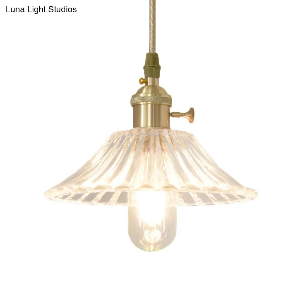 Brass Clear Fluted Glass Pendant Lamp Kit With Rustic Wide Cone Hang Light