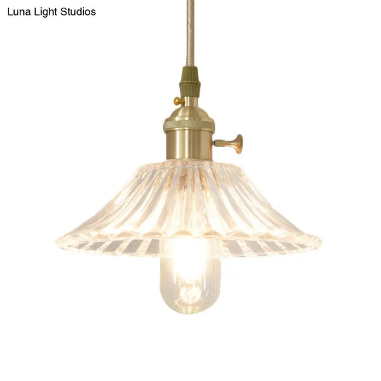 Brass Clear Fluted Glass Pendant Lamp Kit With Rustic Wide Cone Hang Light