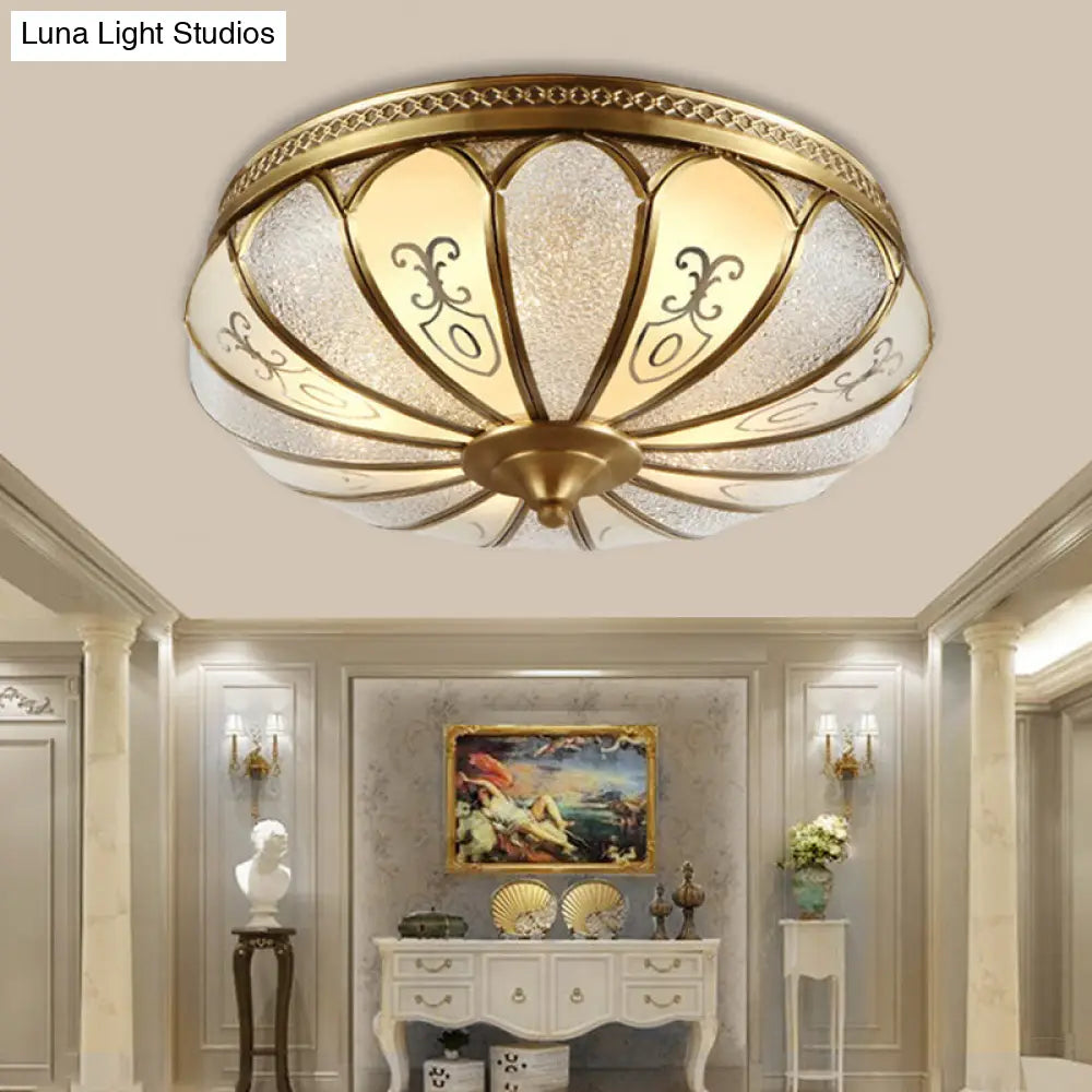 Brass Colonial 3-Light Flush Mount Ceiling Fixture With Frosted Glass Scalloped Shade For Living