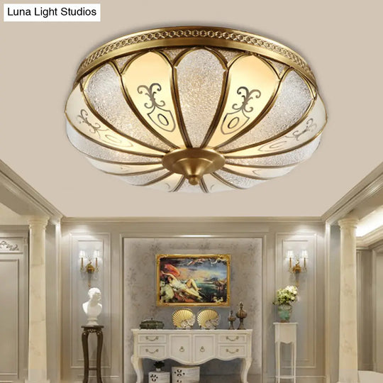 Brass Colonial 3-Light Flush Mount Ceiling Fixture With Frosted Glass Scalloped Shade For Living