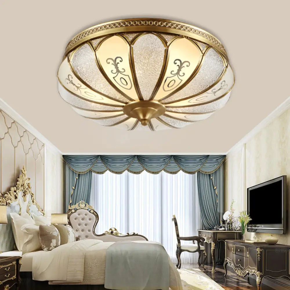 Brass Colonial 3 - Light Flush Mount Ceiling Fixture With Frosted Glass Scalloped Shade For Living