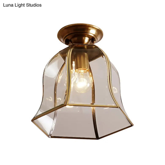 Brass Colonial Bell Ceiling Light - Clear Glass Flush Mount Foyer Fixture