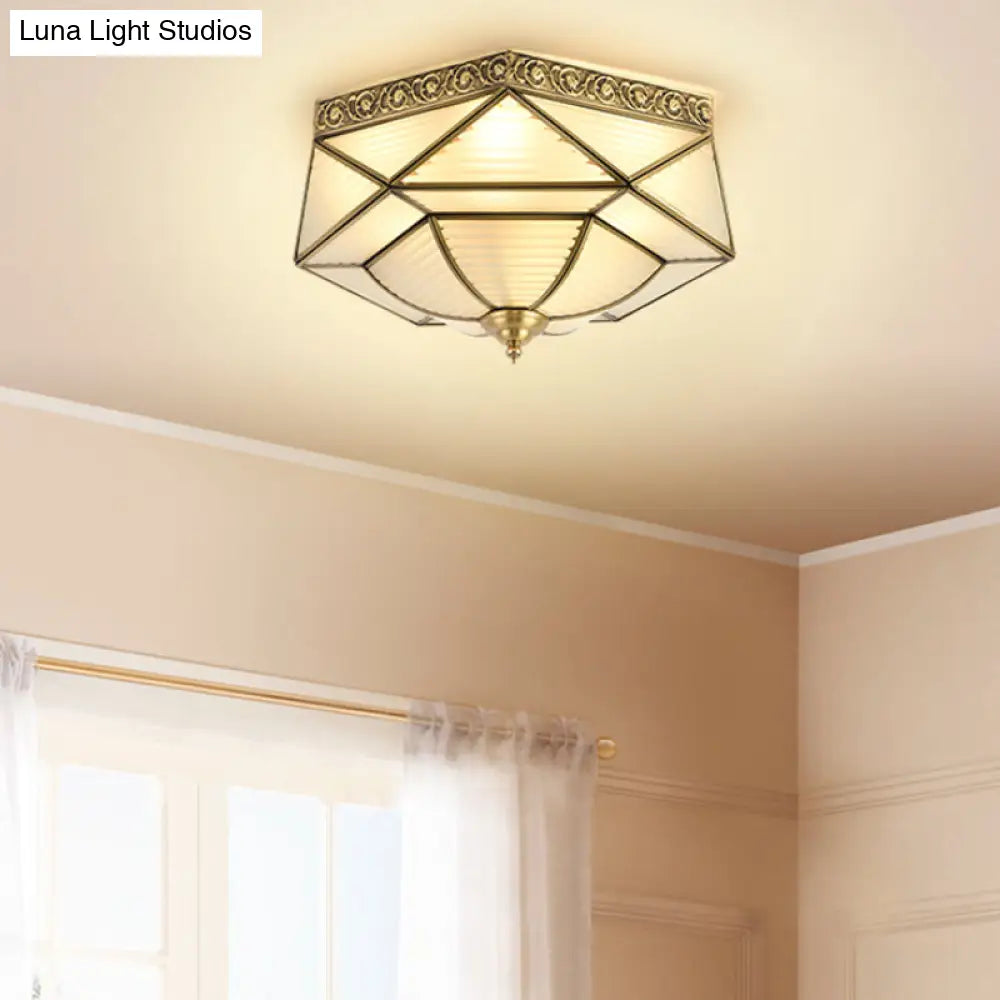 Brass Colonial Beveled Flush Mount Ceiling Light With Opaline Glass - Ideal For Bedroom 4 Bulbs