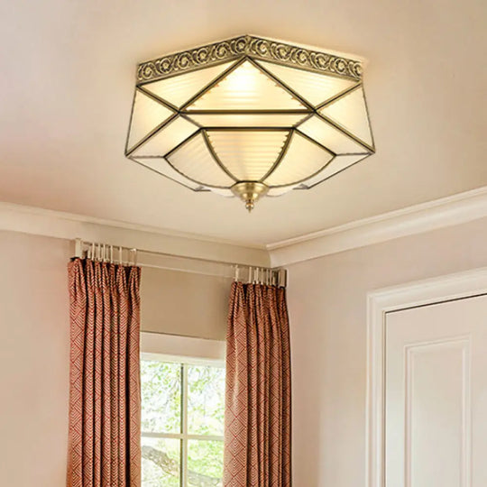 Brass Colonial Beveled Flush Mount Ceiling Light With Opaline Glass - Ideal For Bedroom 4 Bulbs