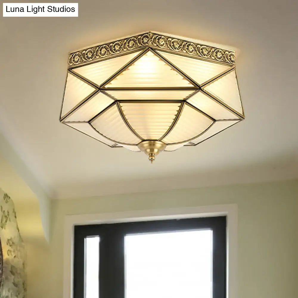 Brass Colonial Beveled Flush Mount Ceiling Light With Opaline Glass - Ideal For Bedroom 4 Bulbs