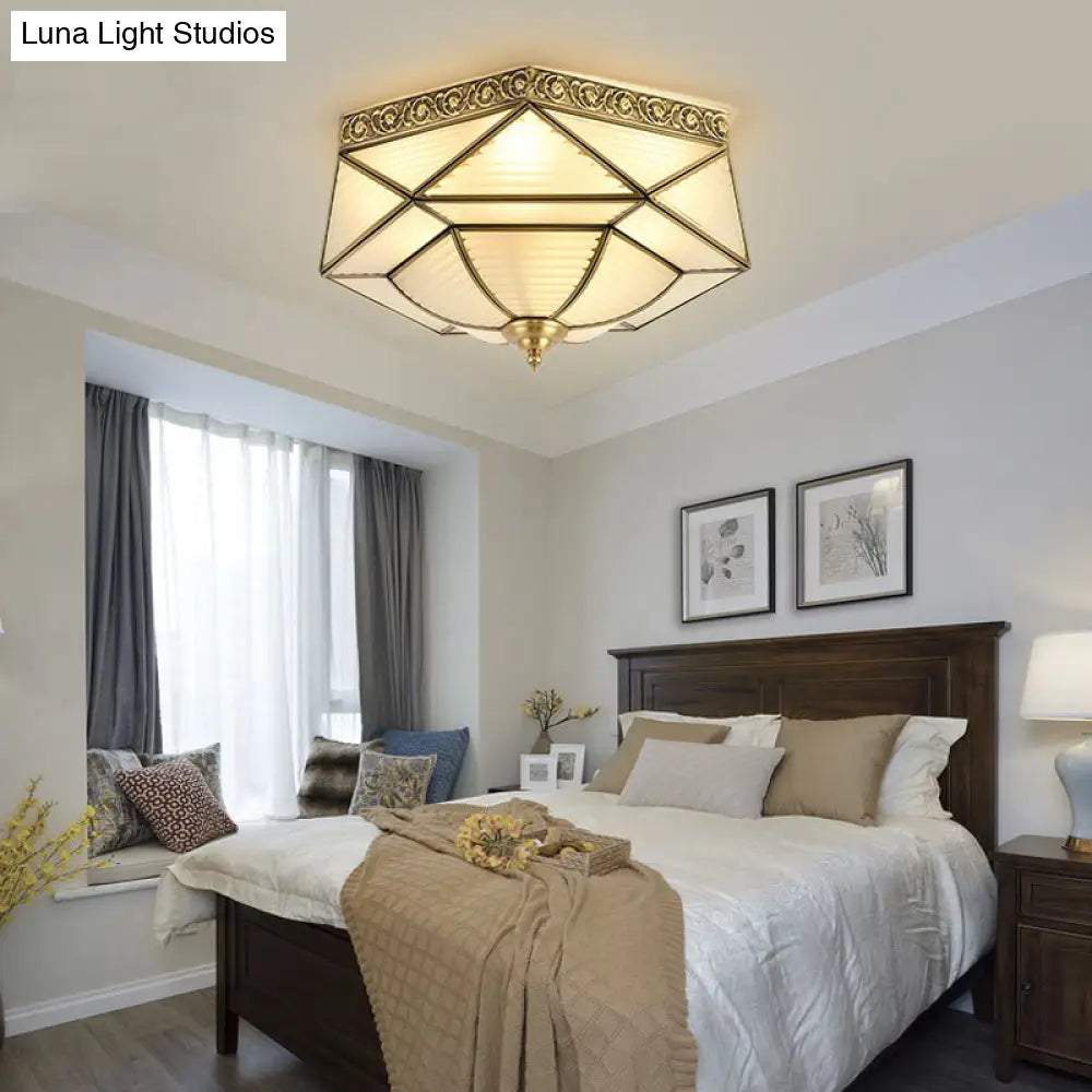 Brass Colonial Beveled Flush Mount Ceiling Light With Opaline Glass - Ideal For Bedroom 4 Bulbs