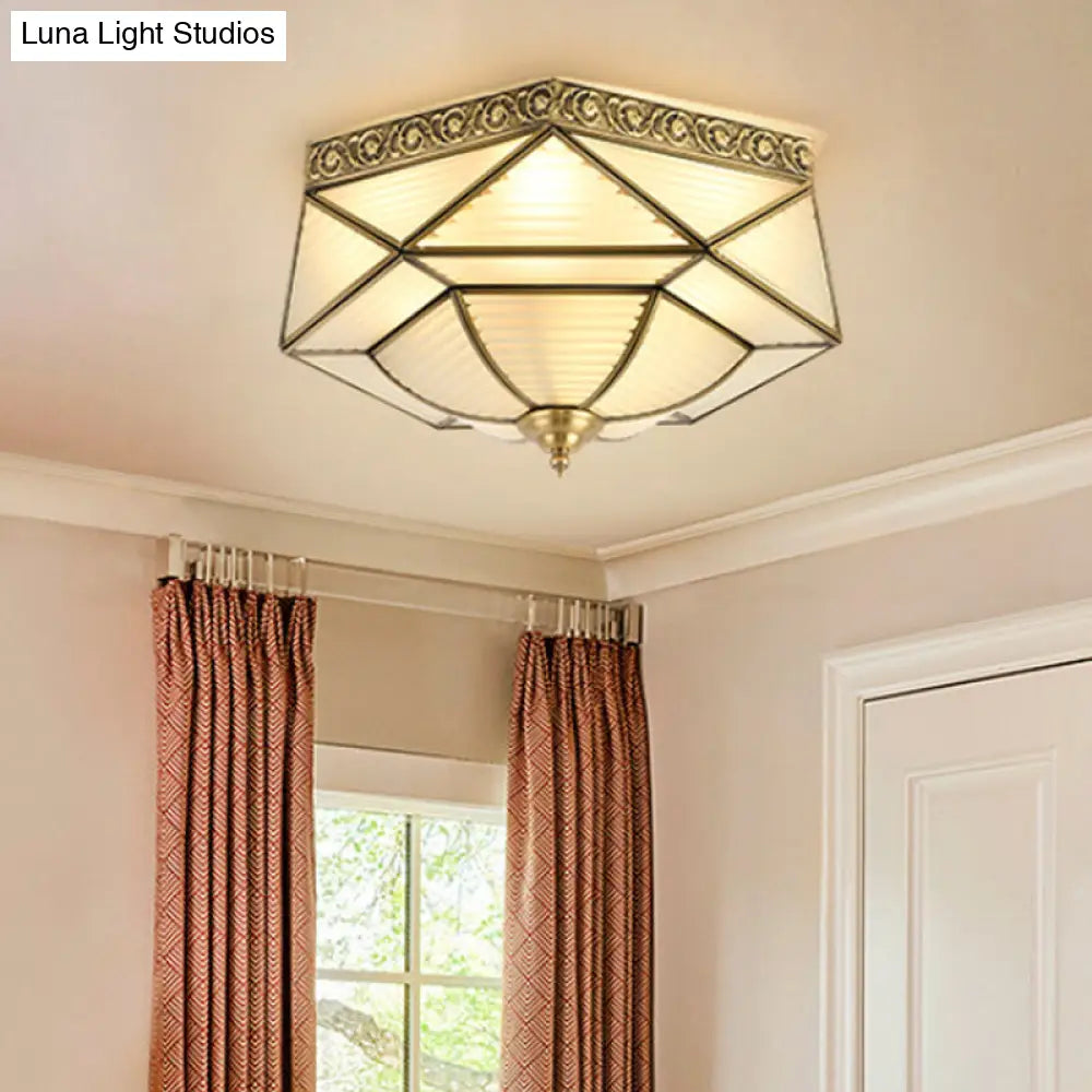 Brass Colonial Beveled Flush Mount Ceiling Light With Opaline Glass - Ideal For Bedroom 4 Bulbs