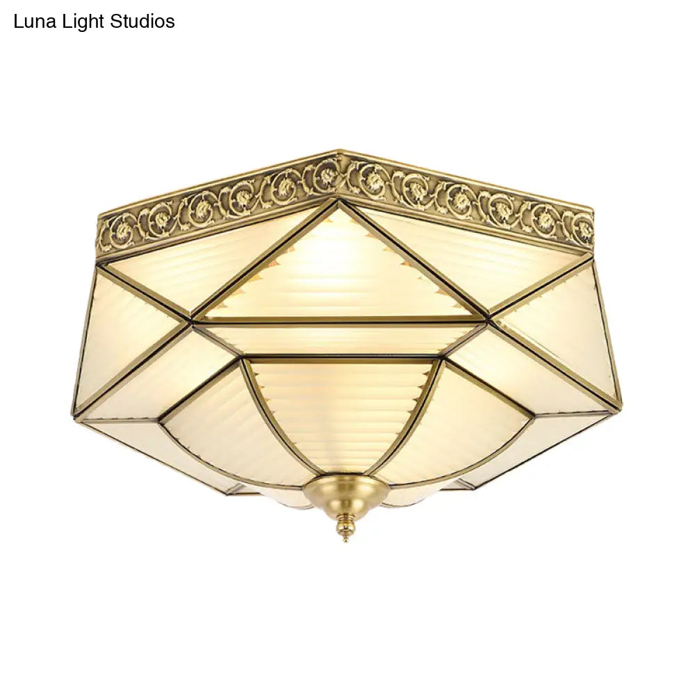 Brass Colonial Beveled Flush Mount Ceiling Light With Opaline Glass - Ideal For Bedroom 4 Bulbs