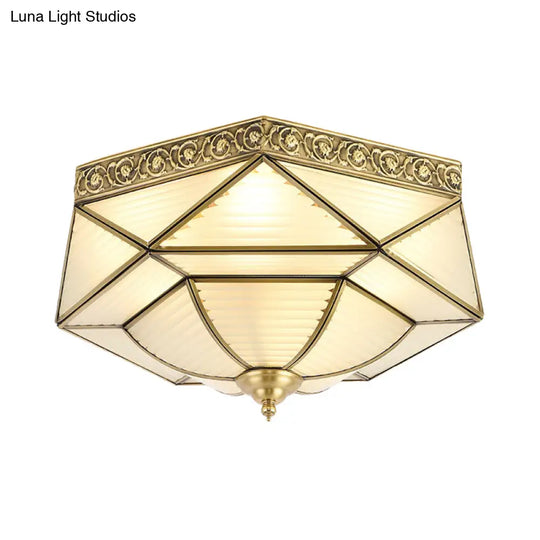 Brass Colonial Beveled Flush Mount Ceiling Light With Opaline Glass - Ideal For Bedroom 4 Bulbs