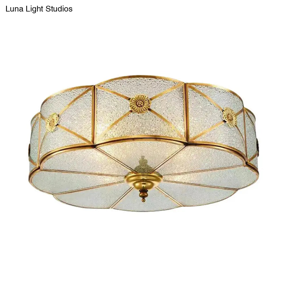 Brass Colonial Scallop Ceiling Light - Bedroom Chandelier With Seeded Glass Flush Mount 3/4/6 Bulbs