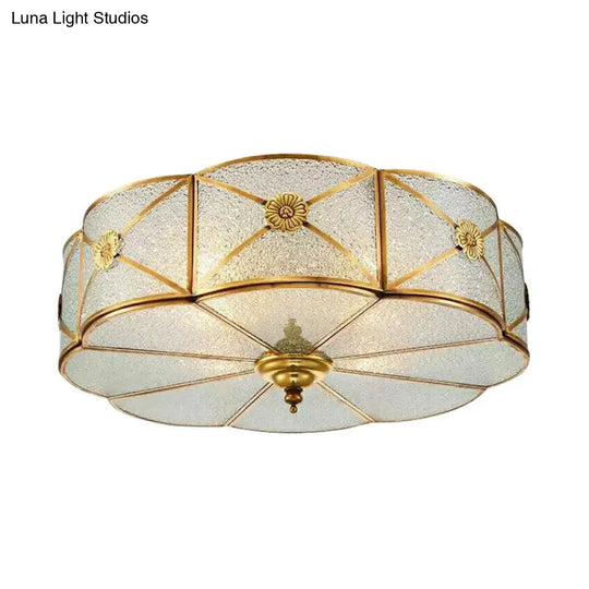 Brass Colonial Scallop Ceiling Light - Bedroom Chandelier With Seeded Glass Flush Mount 3/4/6 Bulbs