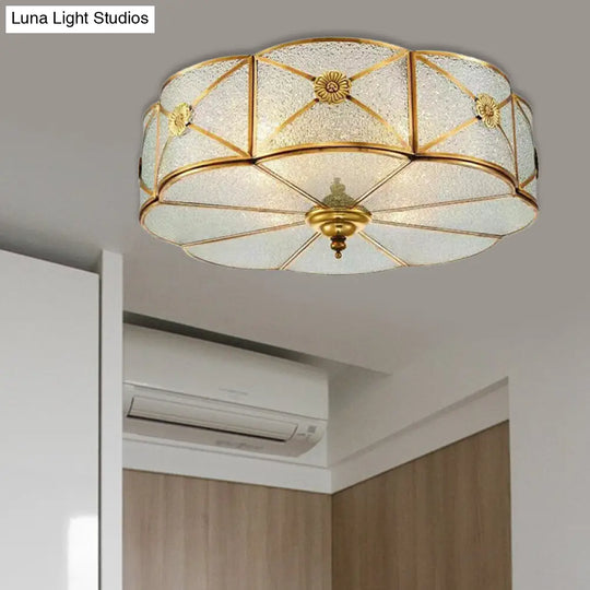 Brass Colonial Scallop Ceiling Light - Bedroom Chandelier With Seeded Glass Flush Mount 3/4/6 Bulbs