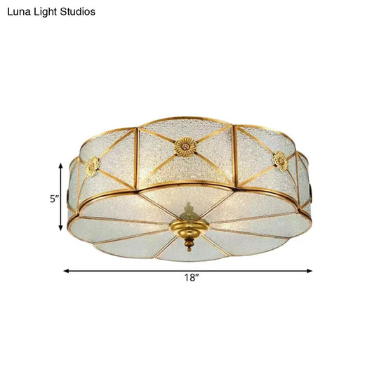 Brass Colonial Scallop Ceiling Light - Bedroom Chandelier With Seeded Glass Flush Mount 3/4/6 Bulbs