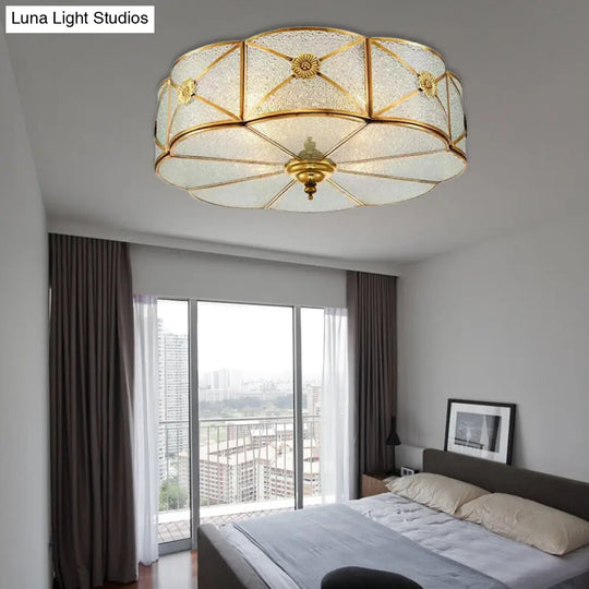 Brass Colonial Scallop Ceiling Light - Bedroom Chandelier With Seeded Glass Flush Mount 3/4/6 Bulbs