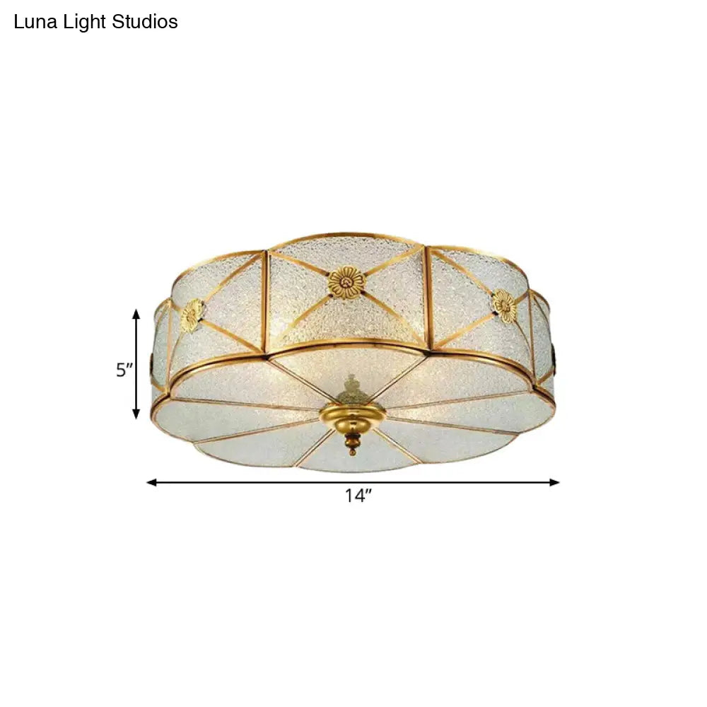Brass Colonial Scallop Ceiling Light - Bedroom Chandelier With Seeded Glass Flush Mount 3/4/6 Bulbs