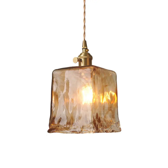 Brass Cone/Cube Coffee Cloud Glass Single-Bulb Pendant Light For Farmhouse Décor / D