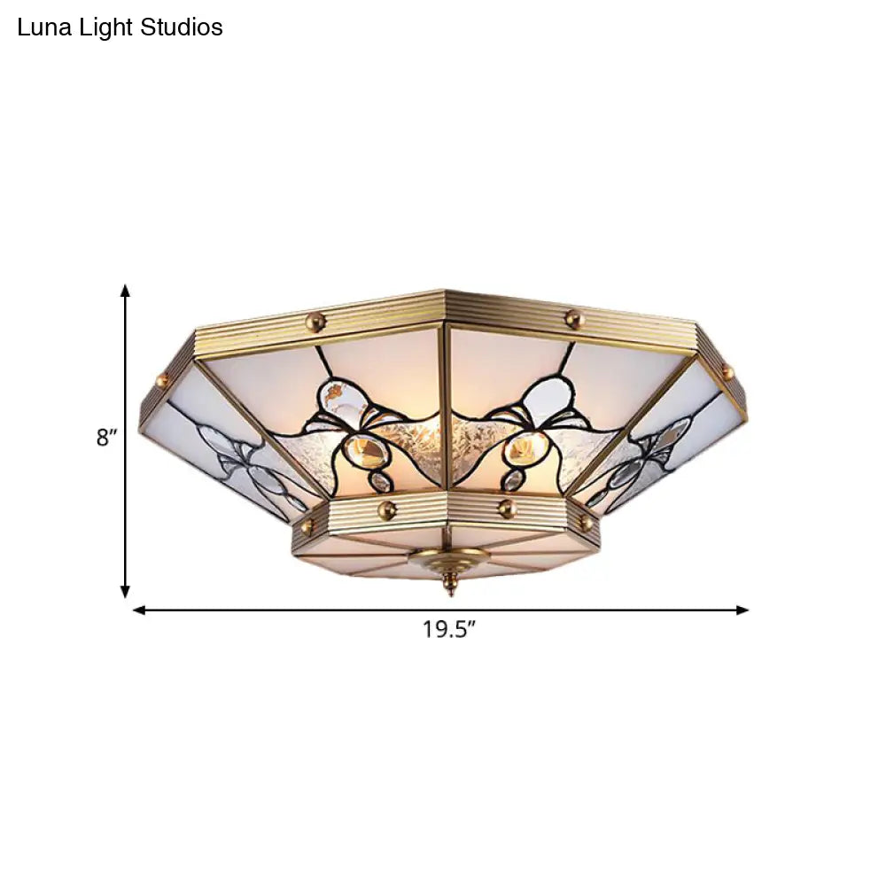 Brass Conical Flush Mount Lamp With Frosted Glass For Bedroom - 4 Heads 16/19.5 Size