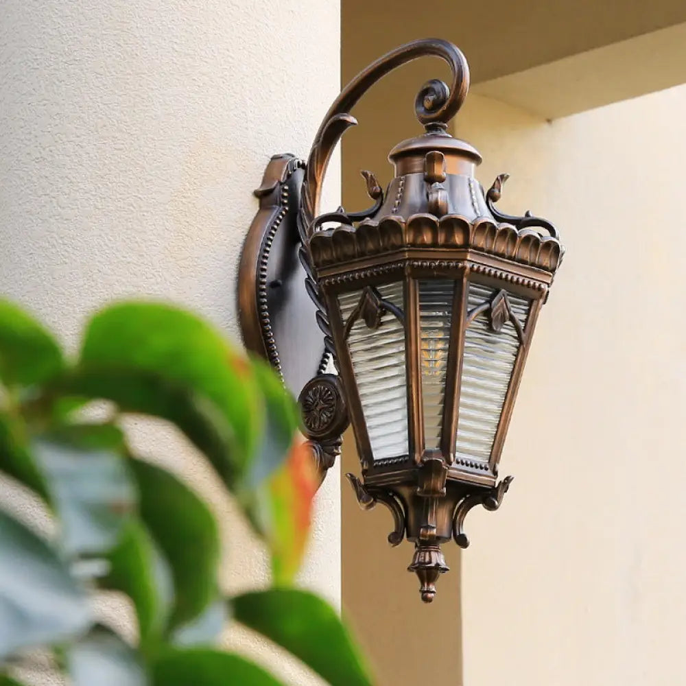 Brass Conical Sconce Light With Clear Ribbed Glass - Wall Mounted Garden Lamp