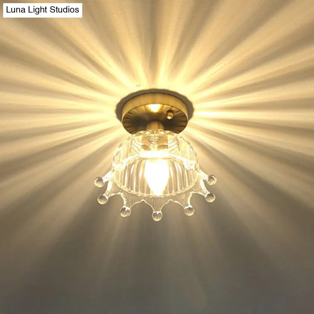 Brass Crown 1 Light Ceiling With Clear Stripes Glass Shade - Contemporary Aisle Lighting Fixture