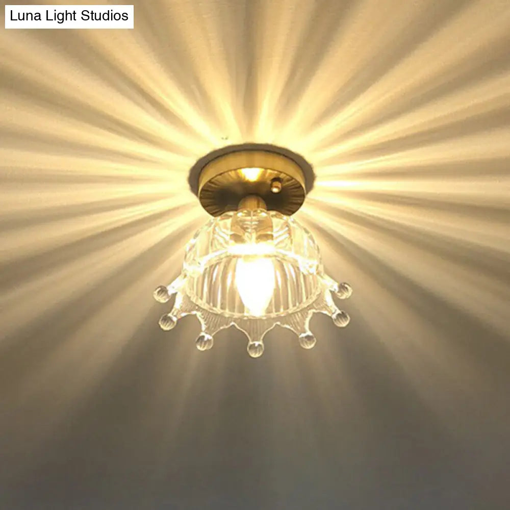 Brass Crown 1 Light Ceiling With Clear Stripes Glass Shade - Contemporary Aisle Lighting Fixture