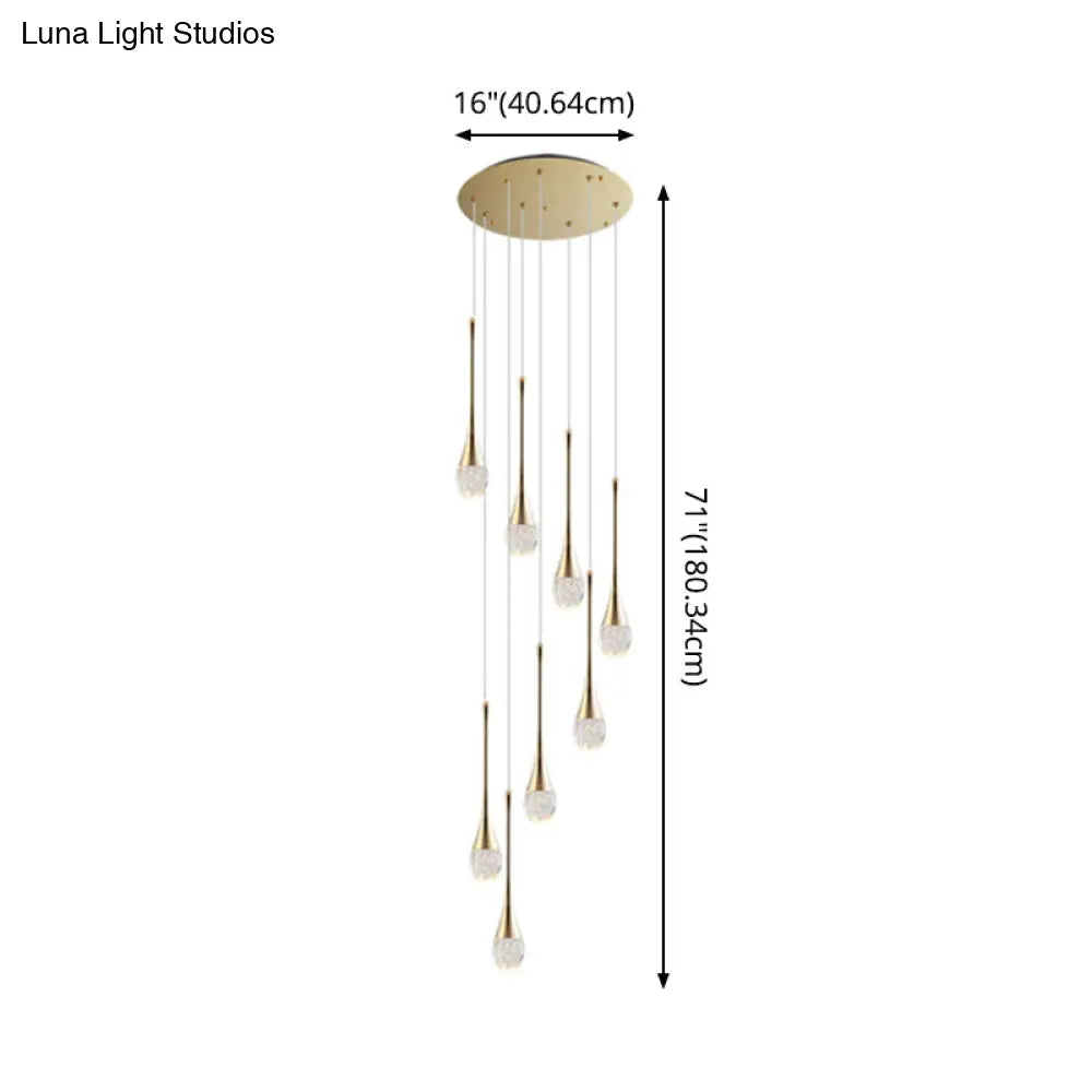 Brass Crystal Cone Pendant Light Set With Long Led Cascade - Perfect For Stairwell