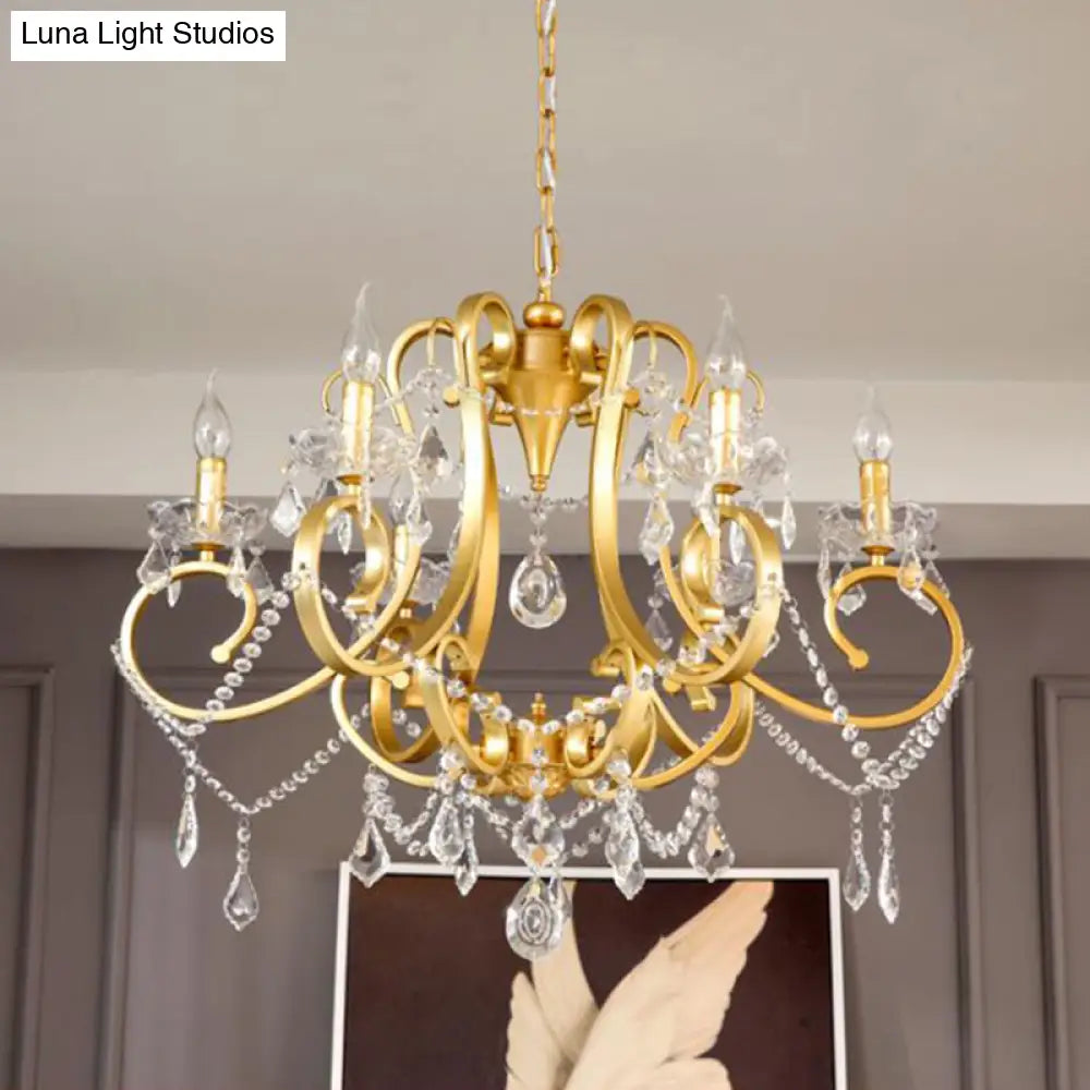 Brass Crystal Drop Chandelier Lamp - Postmodern Pendant Light For Candle Dining Room 6 Heads