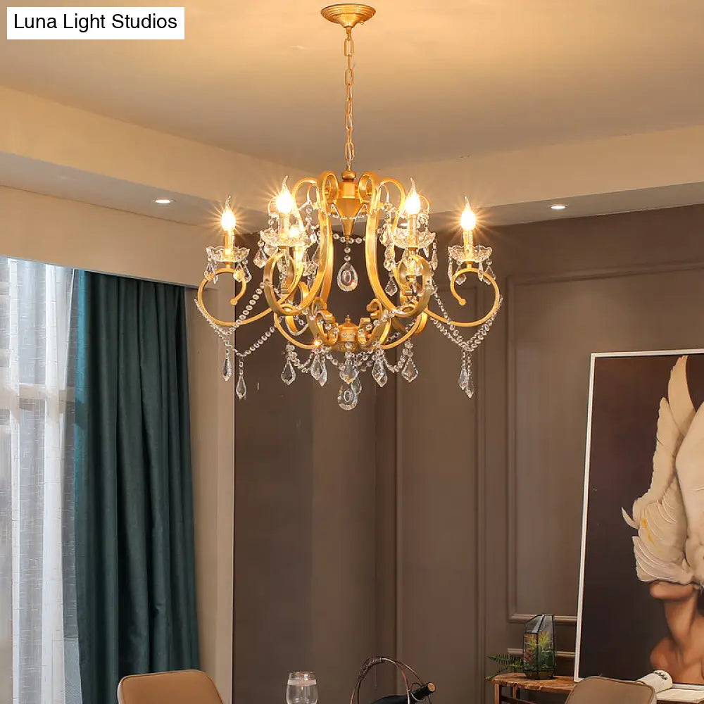 Brass Crystal Drop Chandelier Lamp - Postmodern Pendant Light For Candle Dining Room 6 Heads