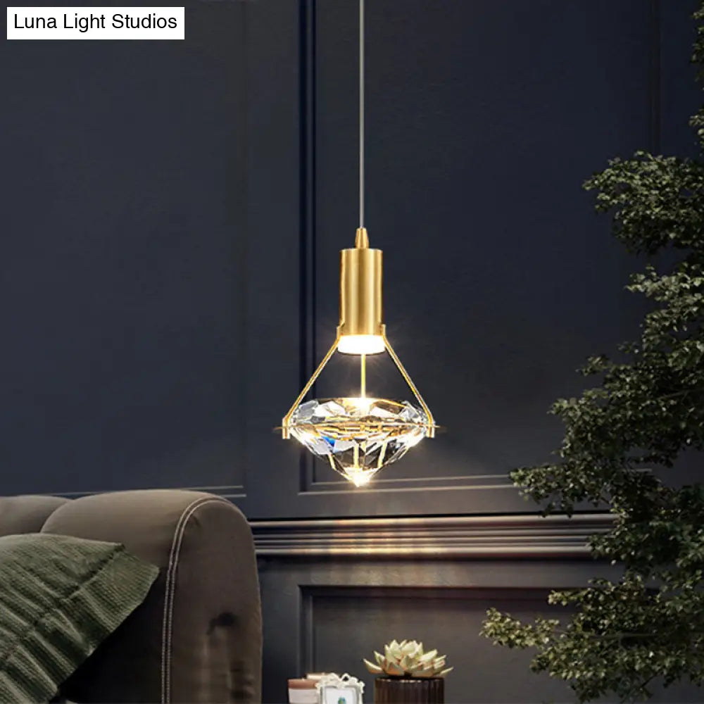 Modern Brass Crystal Pendant Light With Diamond Design - Led Bedroom Ceiling Lighting