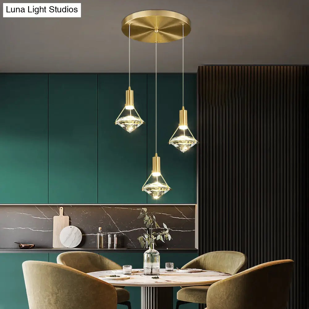 Modern Brass Crystal Pendant Light With Diamond Design - Led Bedroom Ceiling Lighting