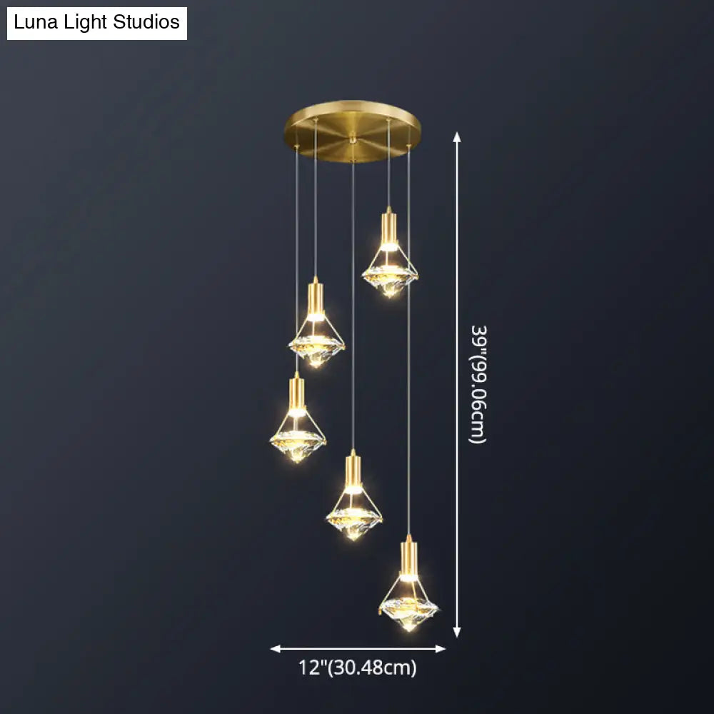 Brass Crystal Pendant Light With Led Modern Diamond Ceiling Lighting For Bedroom