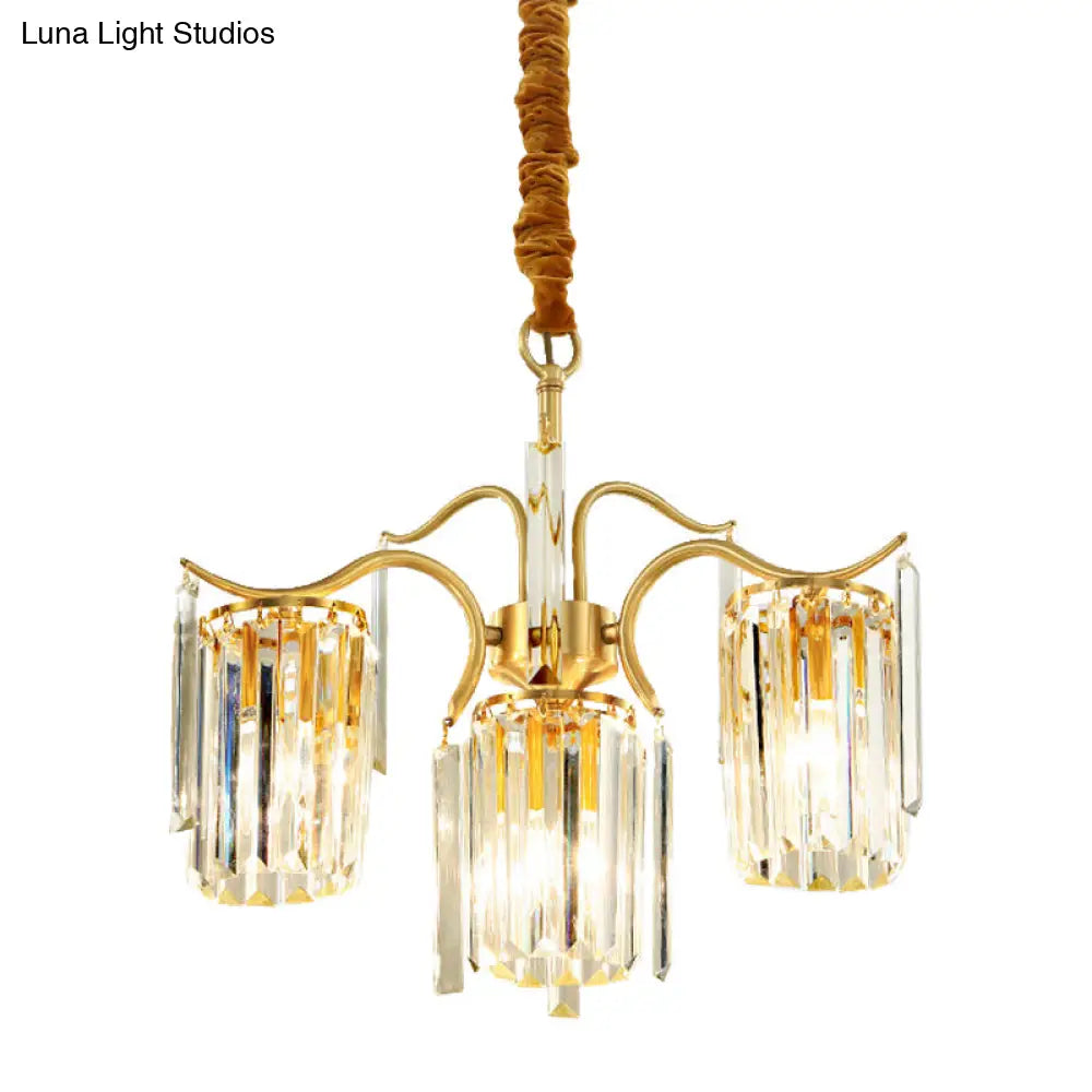 Brass Crystal Prism Chandelier - Elegant 4-Bulb Cylinder Down Lighting For Dining Table