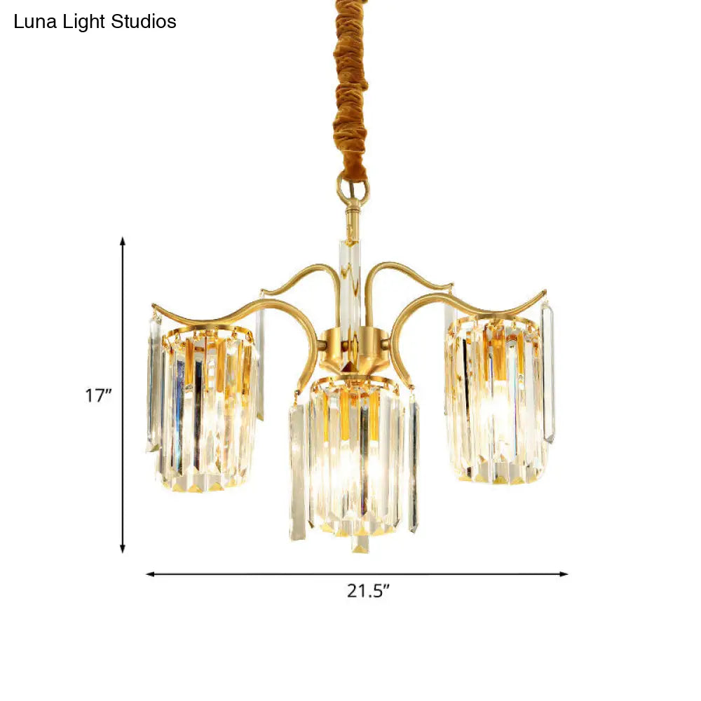 Brass Crystal Prism Chandelier - Elegant 4-Bulb Cylinder Down Lighting For Dining Table