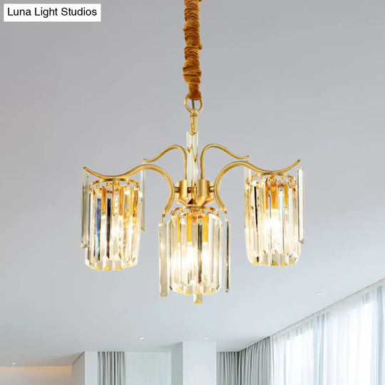 Brass Crystal Prism Chandelier - Elegant 4-Bulb Cylinder Down Lighting For Dining Table